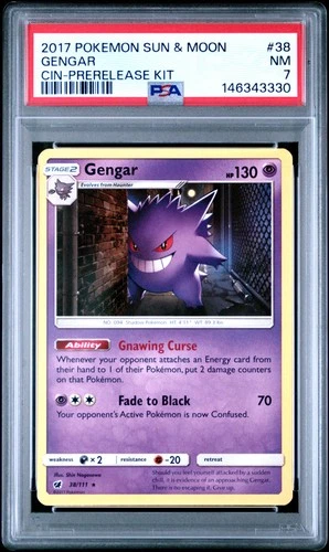 2017 POKEMON SUN & MOON CRIMSON INVASION PRERELEASE KIT #38 GENGAR PSA 7