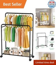 Clothing Clothes Rack Double Rods with Wheels, Rolling Metal Garment Rack for...