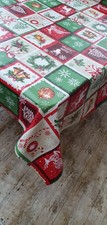 Christmas PVC Plastic Vinyl Table cloth Red Green Patchwork Reindeer Stag Bauble