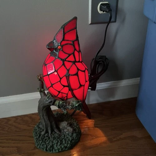 Vintage Tiffany Style Stained Glass Red Cardinal Bird Lamp Figurine 13” Tall