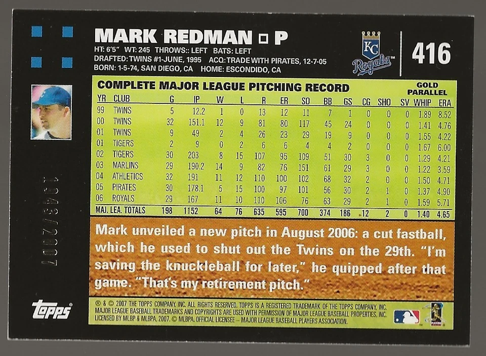2007 Topps Baseball #416 Mark Redman Gold /2007 Kansas City Royals - Image 2 of 2