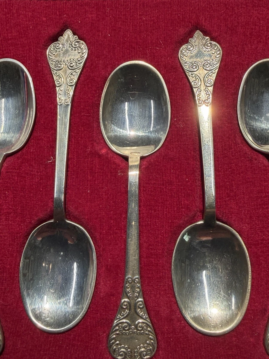 6 STERLING SILVER SPOONS IN CASE CHARLES II PATTERN 59.4g 9cm Sheffield 1971 FH