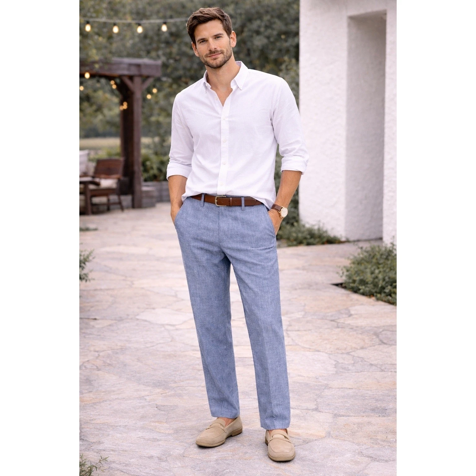 John W. Norstrom Men's Blue Linen Dress Pants Classic Fit Flat Front Size 36