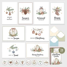 24 Pack 4x6in Modern Rustic Merry Christmas Cards with Envelopes and Stickers - 