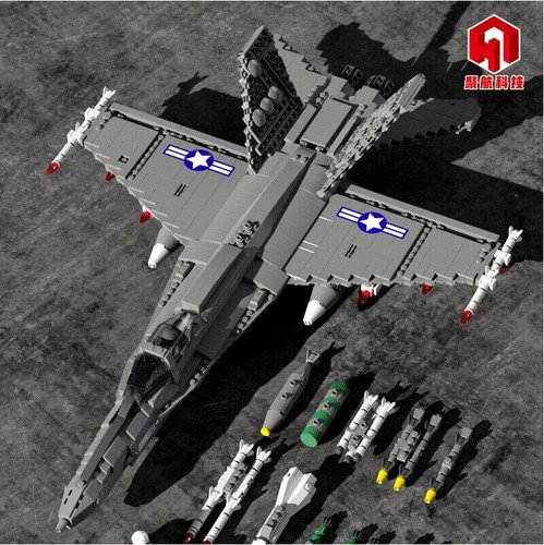 Building Blocks Set MOC Military F18 Fighter Aircraft Bricks Kids Toys DIY Model - Afbeelding 1 van 2