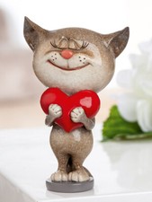 Gilde Figur Katze "Herz" Poly Grau Rot Glasiert 12,5 cm Geschenk Dekorativ