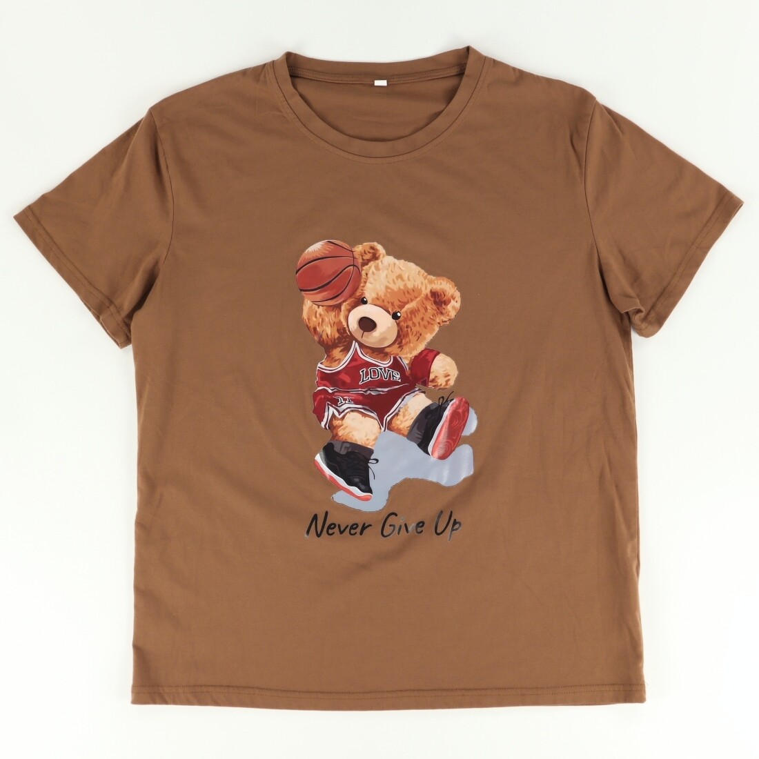 Shein Teddy Bear Basketball Never Give Up Solid T-Shirt Brown