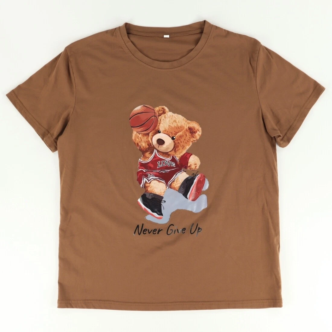 Shein Teddy Bear Basketball Never Give Up Solid T-Shirt Brown Men's XL