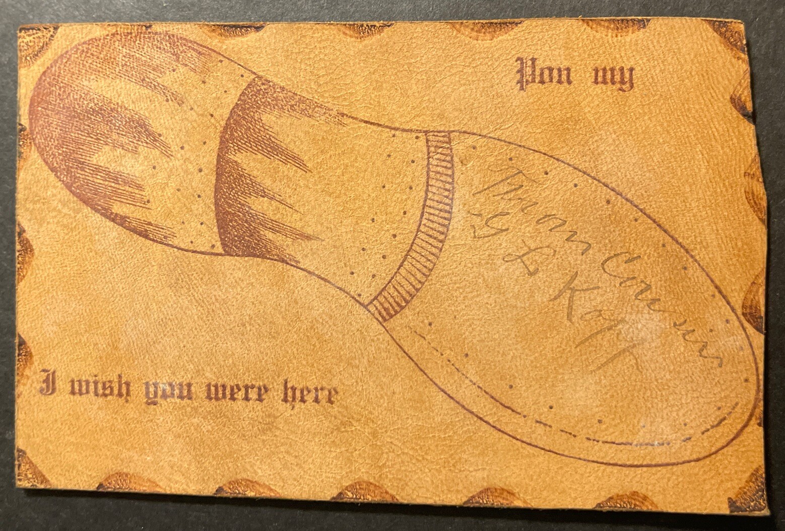 SAOLA Pantofola I Wish You Were Here cartolina in pelle 1913 Long Island NY? suola per scarpe? ?