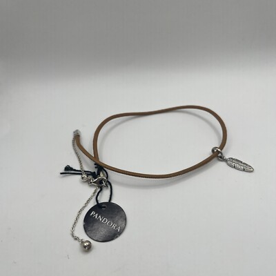 New Genuine Pandora Brown Leather Choker with Feather Pendant