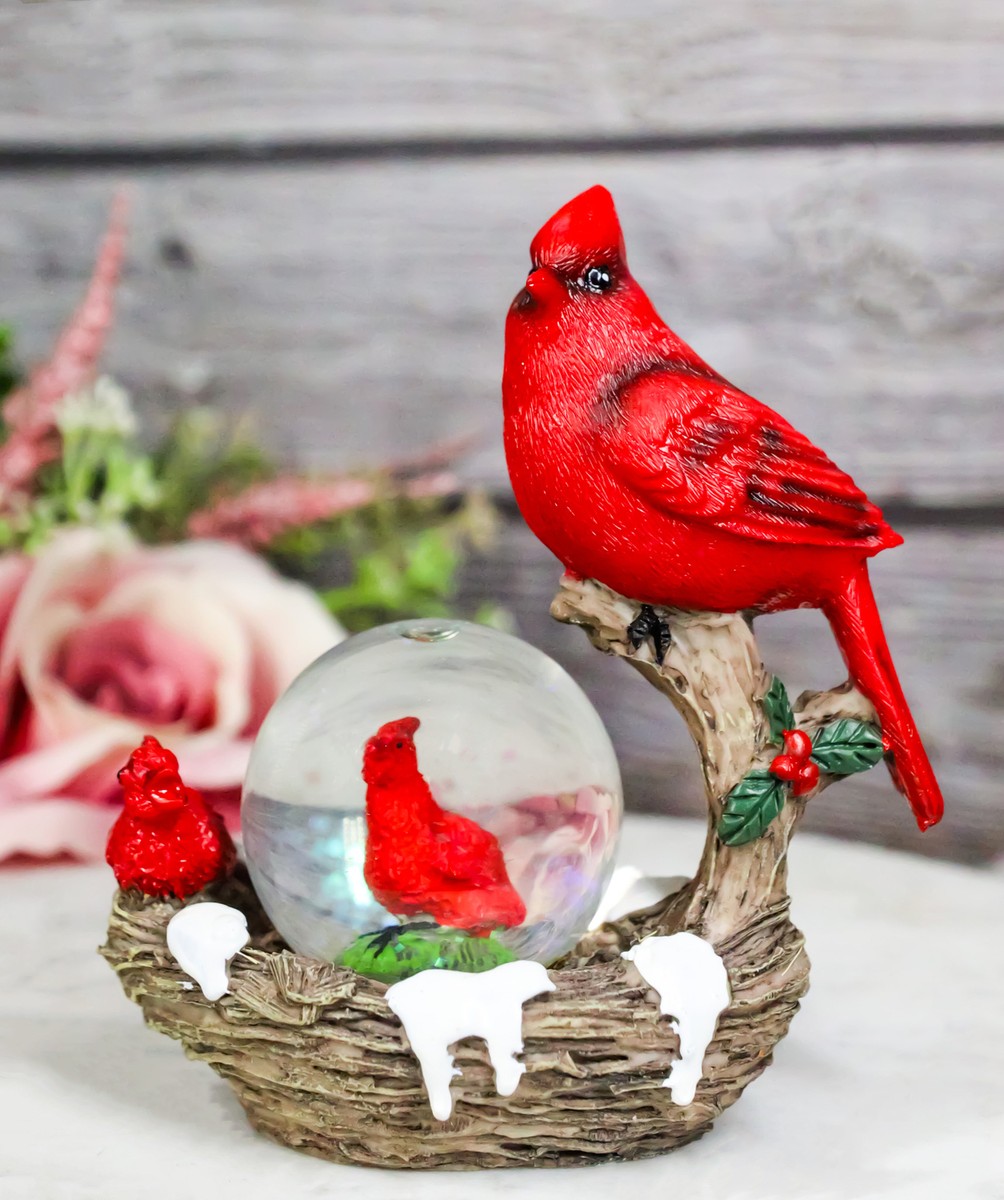 Red Cardinal Bird On Tree Branch Nest With Chicks Water Globe Mini