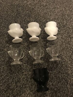 7x Vintage Französische Huhn Eierbecher Schwarz Klar Weiß Milchglas Set Konvolut bb11c