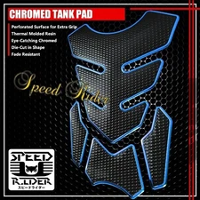4PC 3D CUSTOMIZABLE TANK PAD PROTECTOR DECAL STICKER BLACK/CHROMED BLUE EDGE