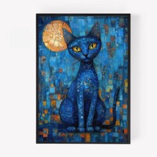 Abstract modern cat Print Picture Poster Unframed A4 multi colour blue