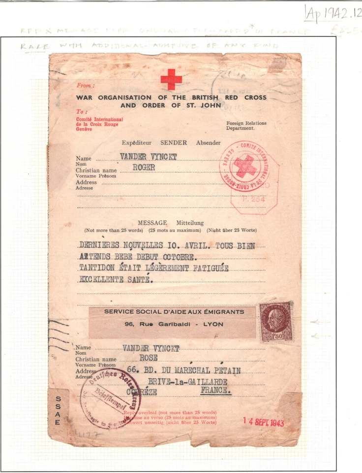 GB WW2 RED CROSS MESSAGE FORM 1942 France FORWARDED *Refugee Aid* Lyon Ap1942.12 - Image 3 of 4