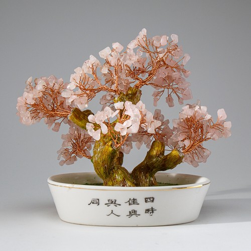 Genuine Rose Quartz Gemstone Bonsai Tree in Oval Ceramic Pot (7”) - Picture 4 of 6