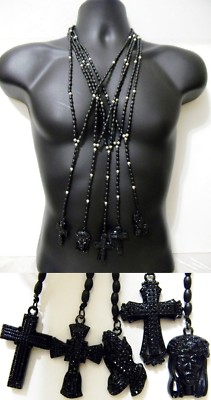 Black Rosary Beads Beaded Cross Jesus Christ Love Necklace Hip Hop