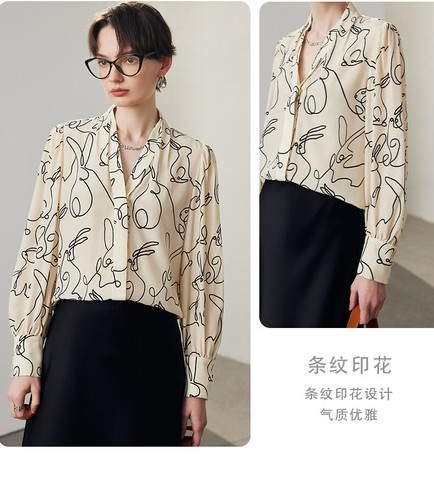 Silk Shirt Women's New Printed V-Neck Long Sleeve 100% Mulberry Silk Top Blouses - Picture 9 of 25
