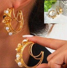 Gold Layered Hoop Faux Pearl Earrings Butterflies Flowers Large Bohemian NEW