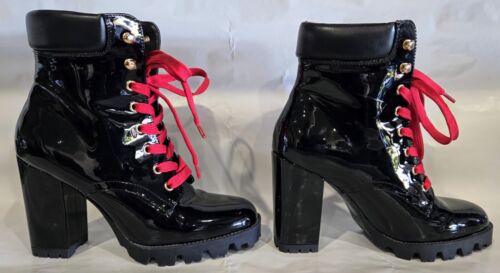LADIES FOREVER-21 BLACK PATENT LEATHER PLATFORM LACE-UP ANKLE BOOTS SZ 9 NEW - Picture 3 of 9