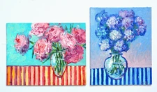 Set of 2 Original Oil Painting 8"x6" Impasto Modern Art Peony Blue Hydrangea