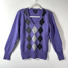 Apt 9 100 Cashmere Sweater Women  s Sz Large Argyle V Neck Pullover purple grey