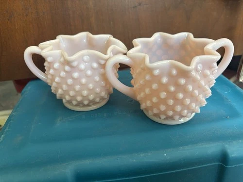 Vintage Fenton Pink Milk Glass Hobnail Creamer & Matching Sugar Bowl EUC