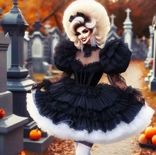 Gothic Short Ball Gown Wedding Dress Ruffles Tiered Black And White Halloween