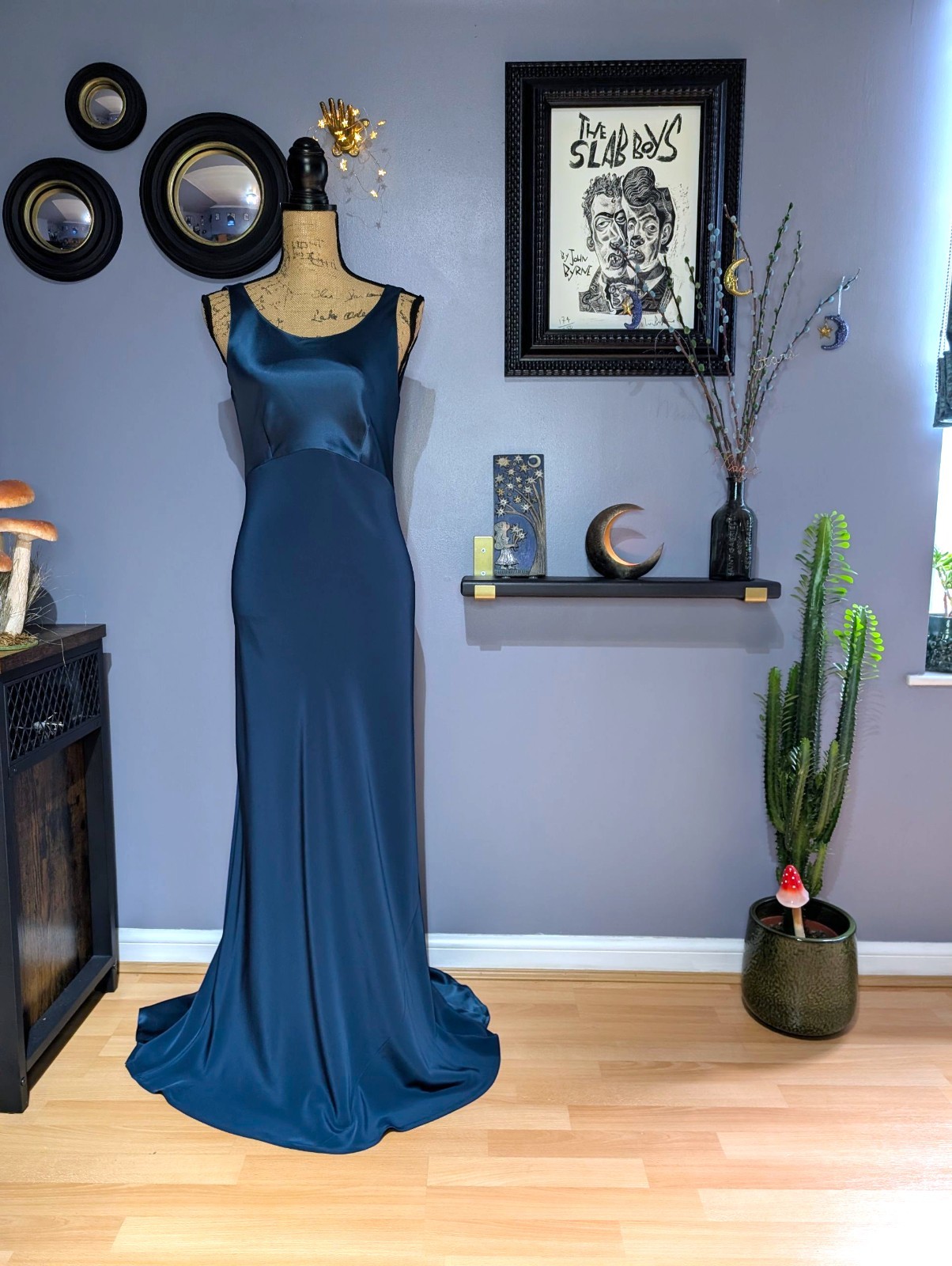 90s Y2K Monsoon Peacock Blue Long Bias Cut Mermaid Dress UK 8/10 (US 6)