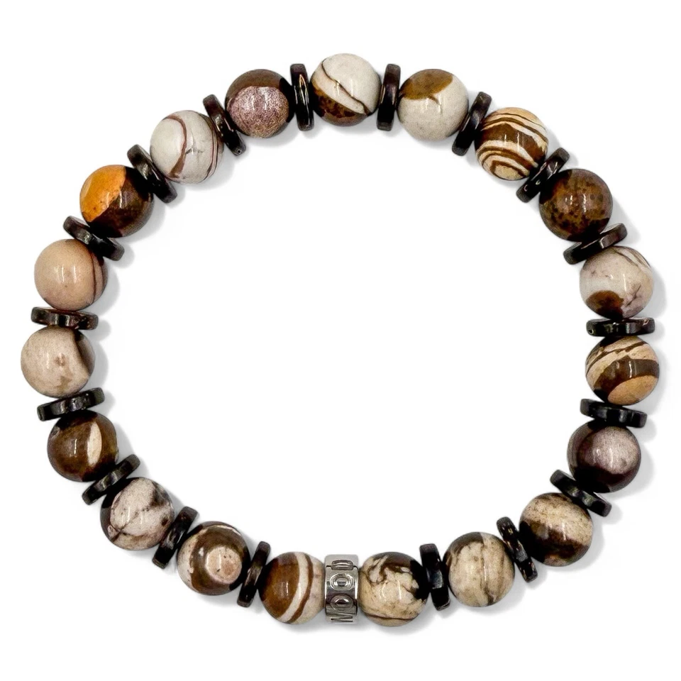 Pulseira masculina de contas de pedra preciosa e madeira - Código Kenobi - Joias elásticas feitas à mão - Imagem 3 de 4