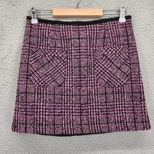 Nanette Lepore Pink Black Plaid Tweed Mini Skirt Pockets Size 2 Made in USA