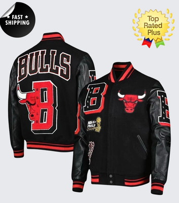 Men Black Standard Chicago Bulls Mash Up Varsity Wool Jacket with Leather Sleeve
