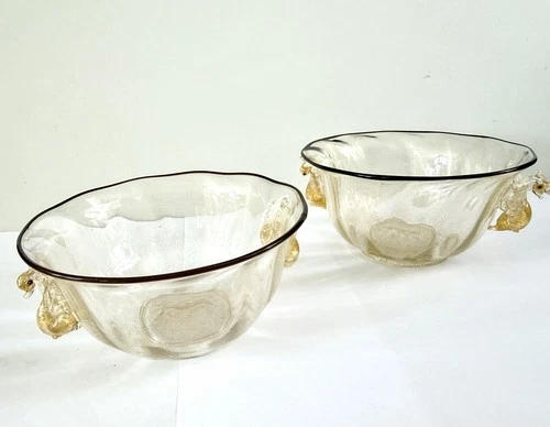 Pair Venetian Glass Murano Bowls Swan Handles Gold Flecks