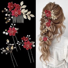 4 PCS Bridal Hair Pins with Crystal Pearl, Rhinestone Updo Headpiece for Brid...