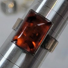 Sterling Silver Amber Ring Size 7 Rectangular Cabochon Modernist 925 Hallmarked