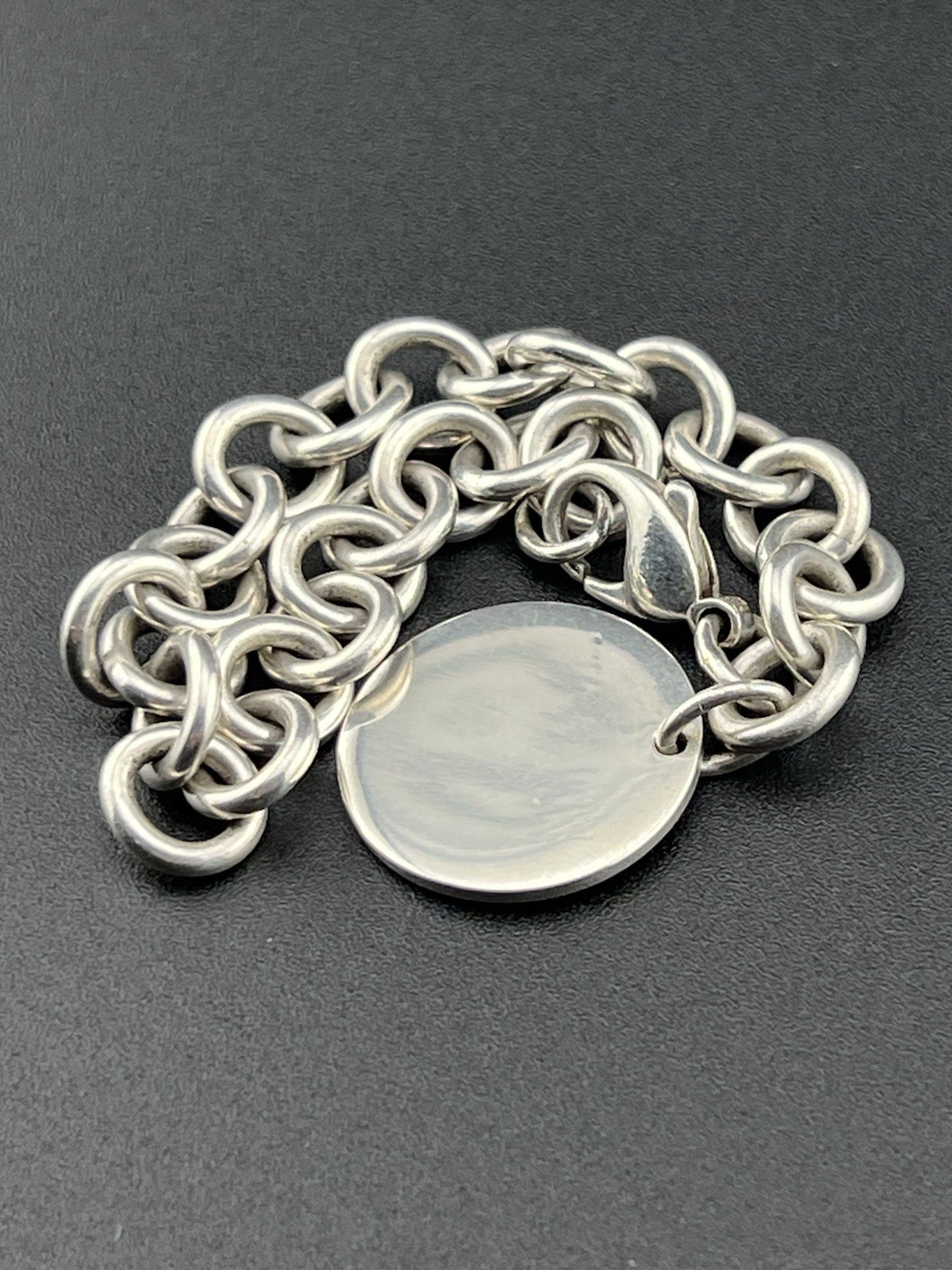 Tiffany & Co Sterling Silver Engravable Charm Bracelet with 7in Cable Chain 35g