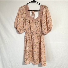 Forever 21 Pink Floral Square Neck Puff 3/4 Sleeve Smocked Mini Dress L