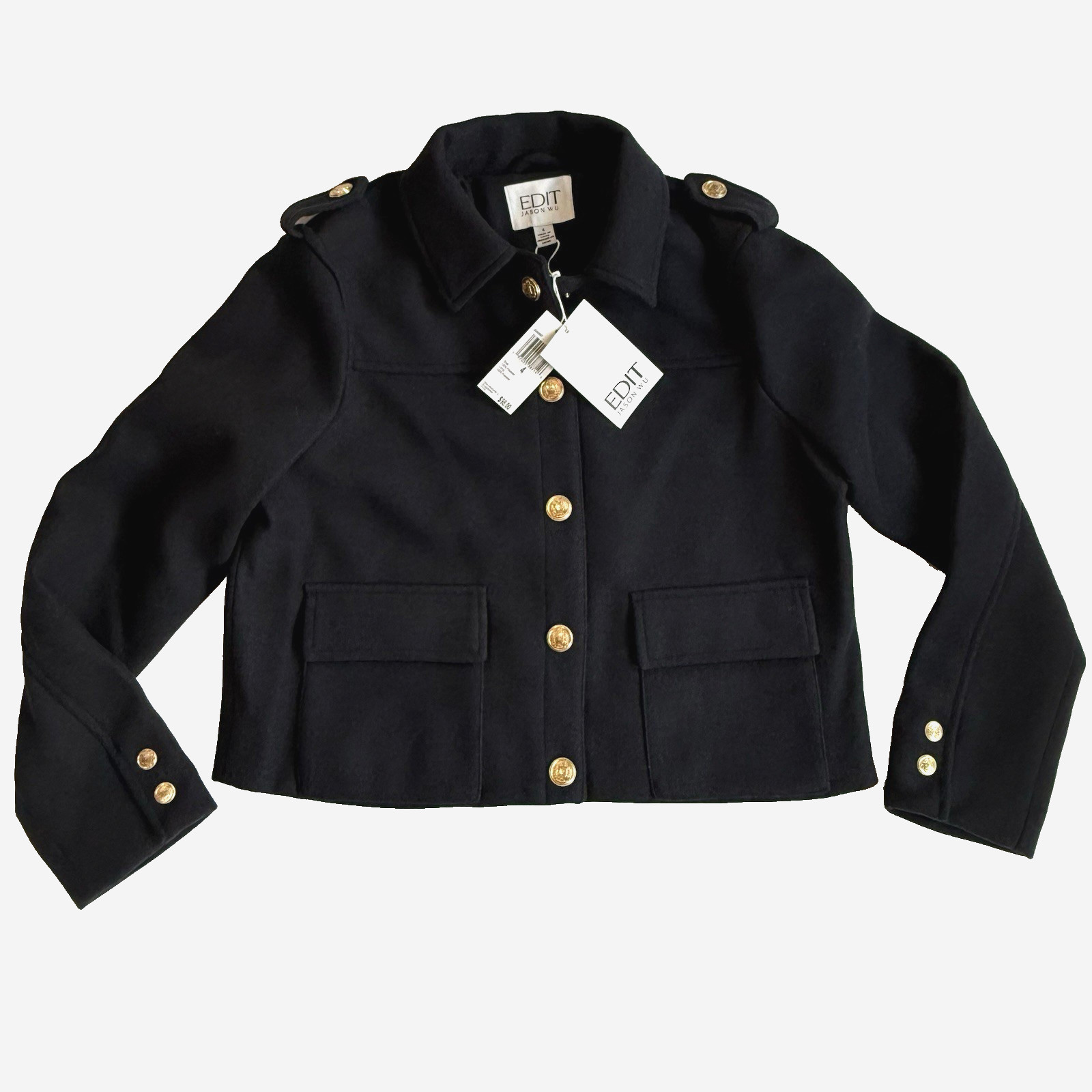New Jason Wu Edit Cropped Pea Coat 4 S Military Jacket Blazer Gold Tone Button