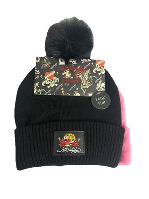 Ed Hardy 2-Pack Beanie Hats Skull Rose Tiger Graphic Logo Black & Pink Knit New
