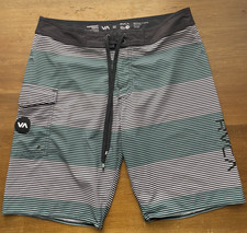 EUC RVCA Men's Board Surf Shorts Swim Trunk 32 Inseam 9" Stripes Aqua Black