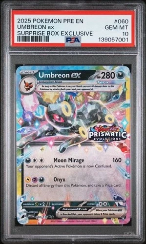 2025 POKEMON PRISMATIC EVOLUTION UMBREON EX SUPRISE BOX STAMP 060/131 PSA 10