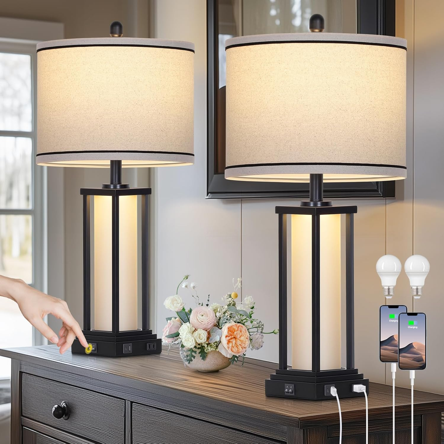 27-Inch Black Vintage Table Lamp Set of 2 with USB C+A Ports & Outlet