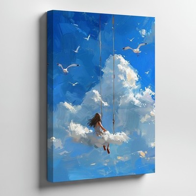 Surreal Canvas Wall Art Girl Swinging On Clouds With Birds Blue Sky Decor Print