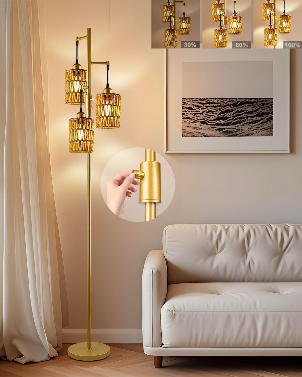 67-Inch Dimmable Industrial Tree Floor Lamp with 3 Lights for Living Room