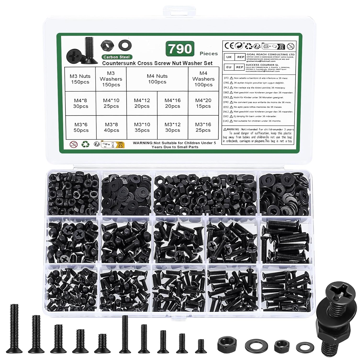 790 Pcs M3 M4 Screws Set, Countersunk Bolts and Nuts, Flat Head Machine Screw Nu