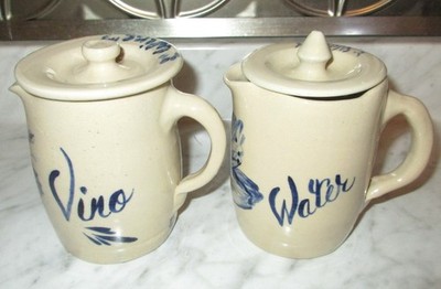 2 Vintage Marshall Pottery Water & Wine Pitchers w/ Lids - Hand Painted & Signed