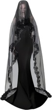 1 Tier Black Bridal Veil 10ft Long Gothic Sheer Lace Cathedral Wedding Dress ...
