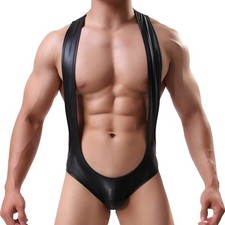 Mens Leotard Sexy Teddy Lingerie PU Leather Bodysuit Wrestling Singlet Open Butt
