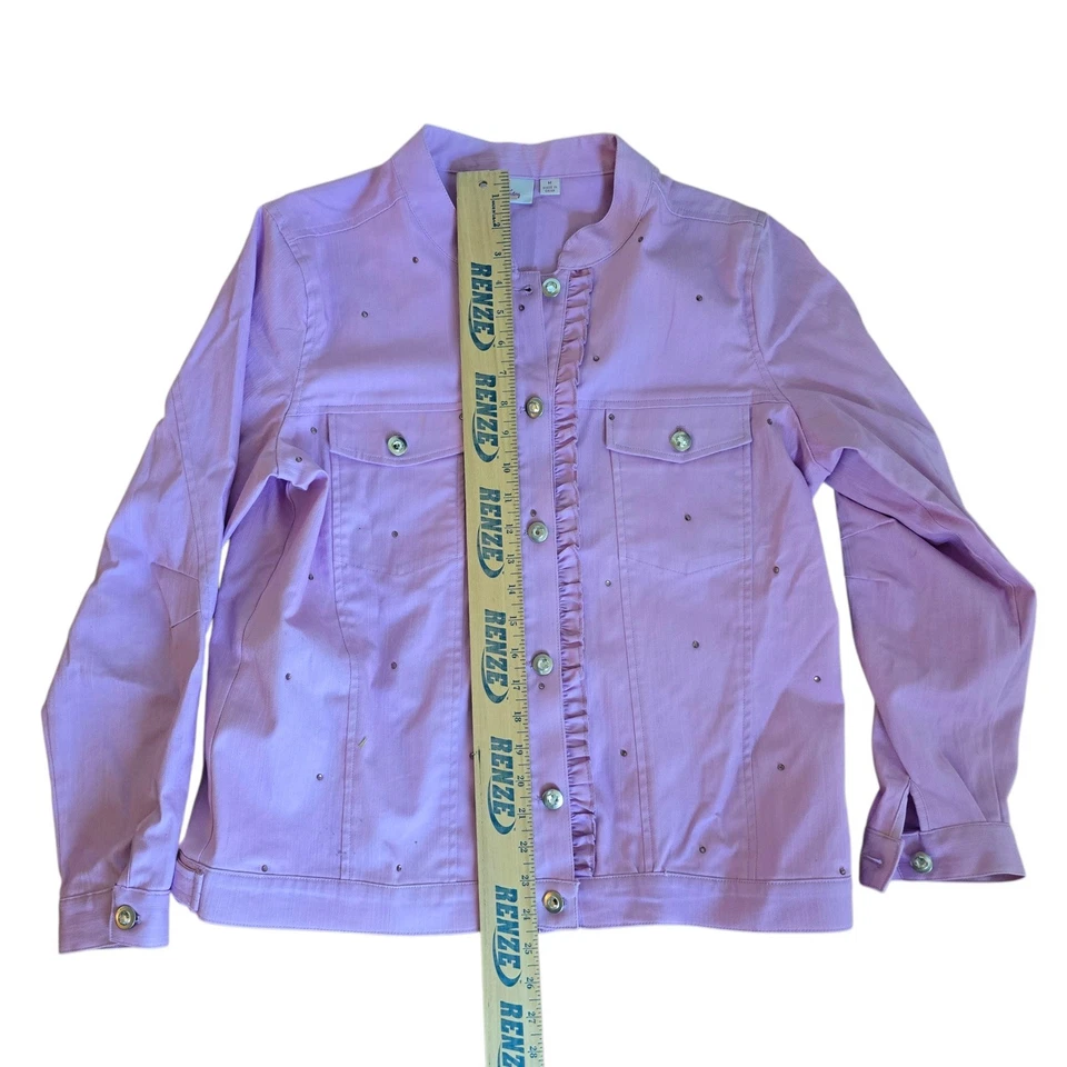 Quacker Factory Embellished Denim Jacket Ruffle Trim Button Front Light Purple M - Image 4 of 4