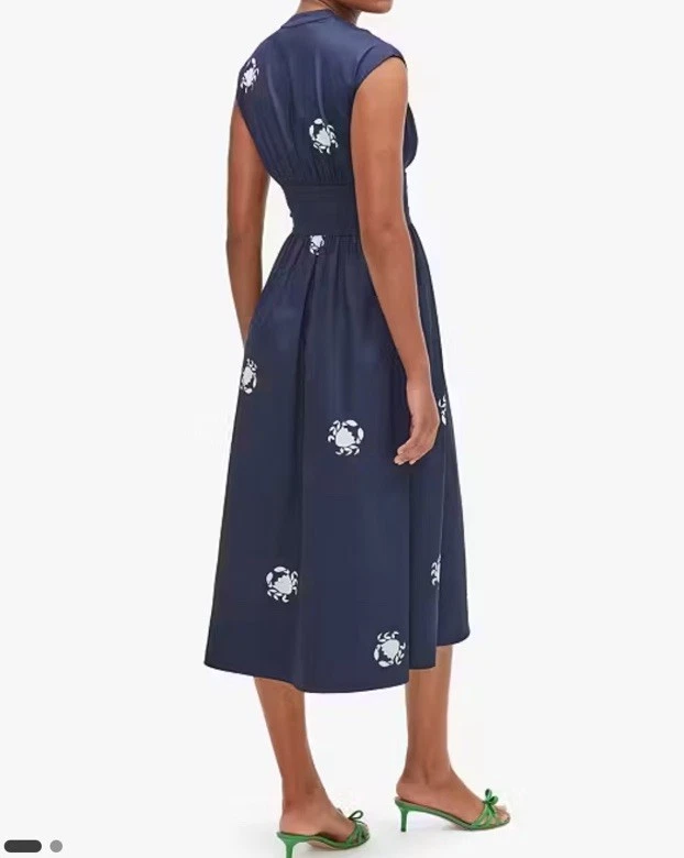 Vestido midi Kate Spade con lazo de popelina azul marino estampado de cangrejo talla 4 azul marino bolsillos con cuello en V Foto 3 de 4